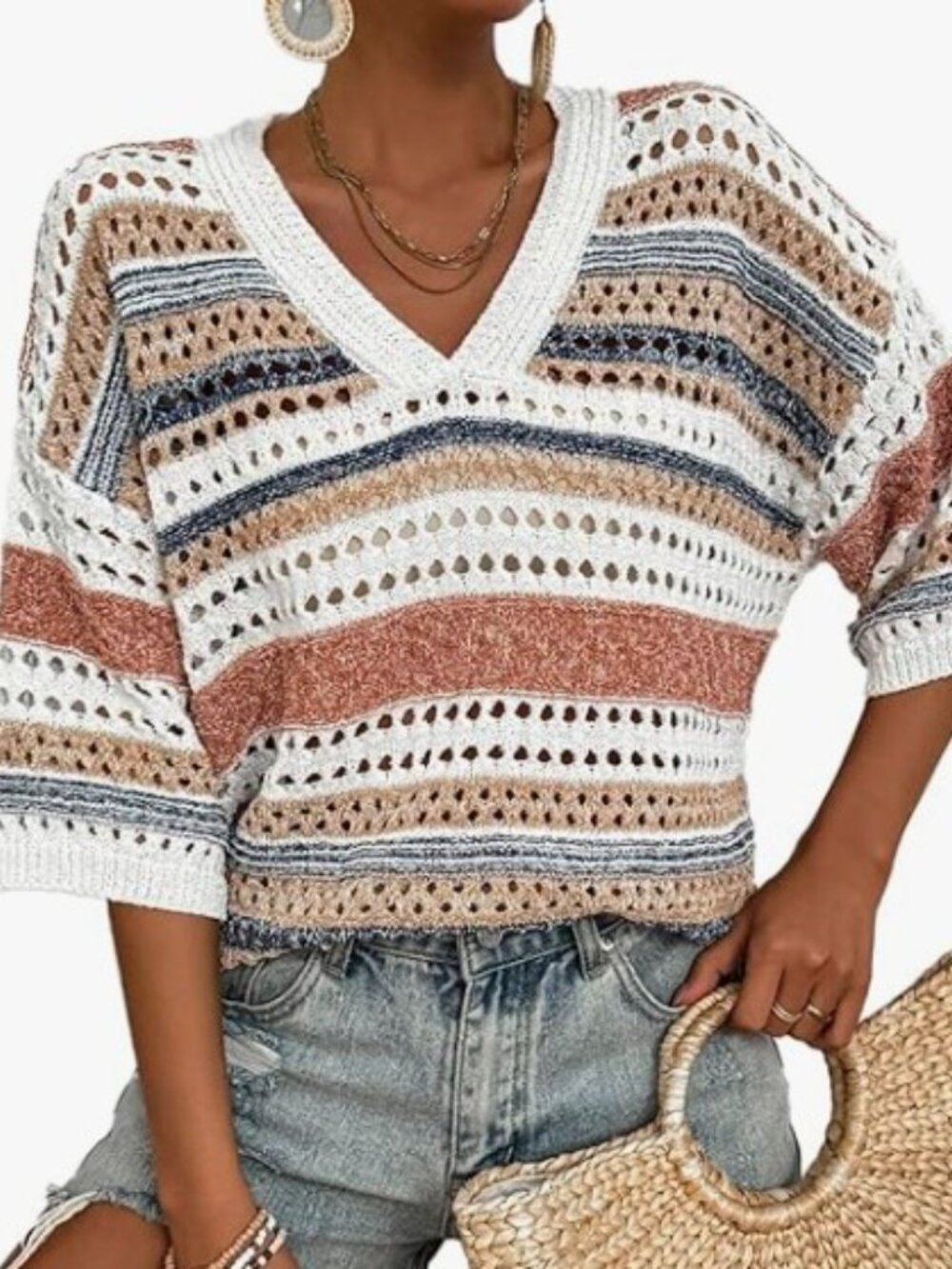 Acelitt Open-Knit Striped V-Neck Sweater in Cream Navy and Rust